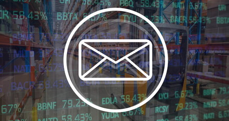 Poster - image of email icon and financial data processing over warehouse