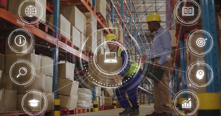 Poster - Image of network of connections with business icons over diverse male workers in warehouse