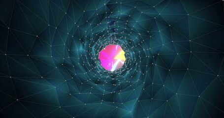 Poster - Image of dark tunnel with network of connections to moving coloured lights
