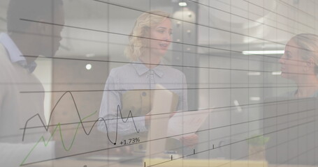 Poster - Image of data processing and diagrams over diverse colleagues discussing work
