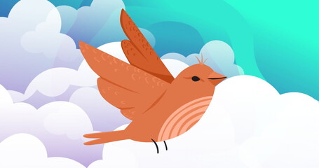 Poster - Image of red bird over clouds and blue shapes