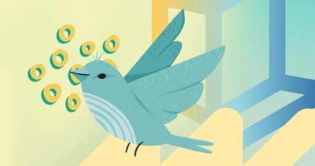 Poster - Image of green bird over colourful shapes on beige background