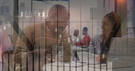 Poster - Image of data processing and diagrams over diverse colleagues discussing work