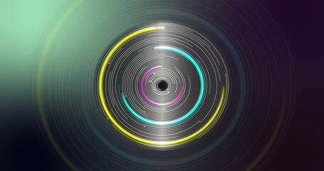 Poster - Image of glowing circles of light spinning on black background
