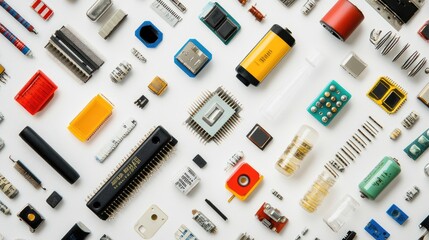 Poster - A flat lay of electronic components such as resistors, capacitors, and diodes on a white surface.