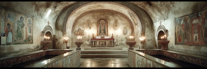 Poster - Historic Underground Chapel with Ornate Religious Frescoes and Serene Altar Setting