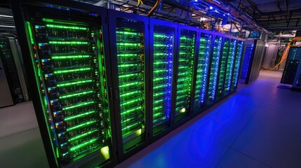 Poster - A glowing network server rack in a modern data center.