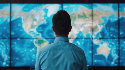 Poster - Man Observing World Map on Large Screen