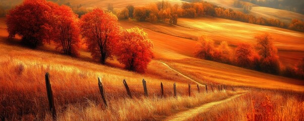 Wall Mural - Autumnal hillside path, rolling fields, golden sunset