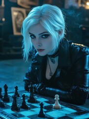 Poster - Young woman with platinum hair plays chess in a dimly lit room filled with artwork and smoke. Generative AI