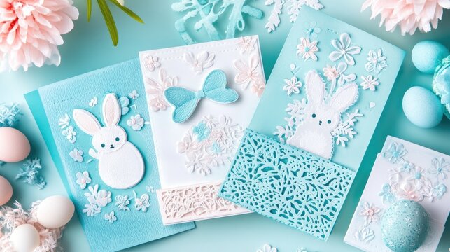 a set of easter cards with matching stamps and floral motifs in pastel tones.