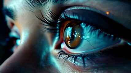 Poster - A closeup of an eye with digital data flowing through it, symbolizing the integration and majesty of artificial intelligence in future vision technology