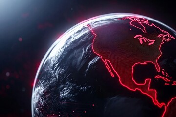 Poster - Modern Global Network Concept with Bright Red Lines Illuminating World Map and Technology Background