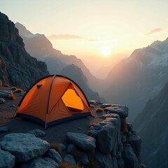 the image shows a camping tent set up on a rocky cliff overlooking a mountain range. the tent is ora