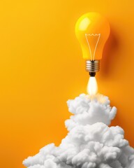 Poster - A bright yellow light bulb is launching from a cloud, symbolizing creative ideas and innovation against a vibrant orange background.