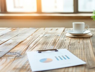 Poster - Business report on wooden table with coffee cup.
