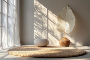 Poster - Minimalist Interior Decor with Leaf Plate and Woven Mat in Soft Natural Light
