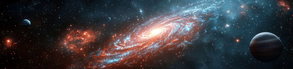 Poster - Stunning Spiral Galaxy with Bright Core Surrounded by Colorful Nebulae and Planetary Bodies in Vast Cosmic Space