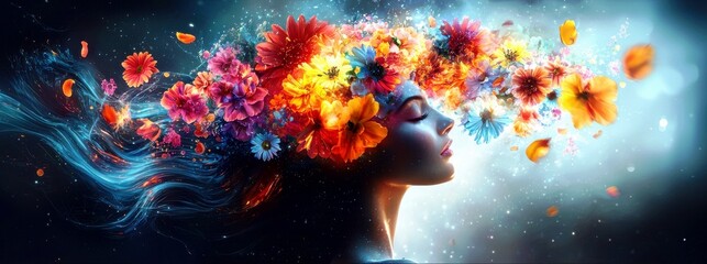 Poster - Ethereal Woman Surrounded by Vibrant Floral Crown with Colorful Petals Floating in Dreamy Atmosphere, Representing Beauty and Nature Harmony