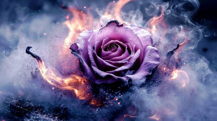 Poster - Enigmatic Purple Rose Surrounded by Ethereal Flames and Smoke, Capturing a Unique Blend of Beauty and Intrigue in a Surreal Artistic Representation