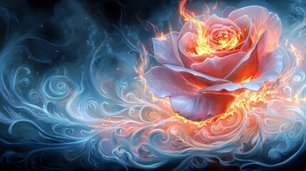 Poster - Enchanting Flaming Rose with Ethereal Swirls and Mystical Glow in a Dreamy Background of Swirling Smoke and Vibrant Colors