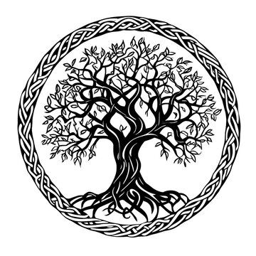 circular Celtic tree of life black and white tattoo stencil