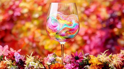 Poster - Colorful Wine Glass with Swirling Liquid Against Vibrant Floral Background, Creating a Lively, Artistic Composition Filled with Joyful Colors