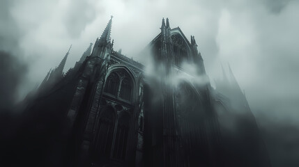 A haunting gothic cathedral shrouded in mist, filled with an air of mystery and dark elegance beneath a stormy sky. Gothic Cathedral Shadows. Illustration