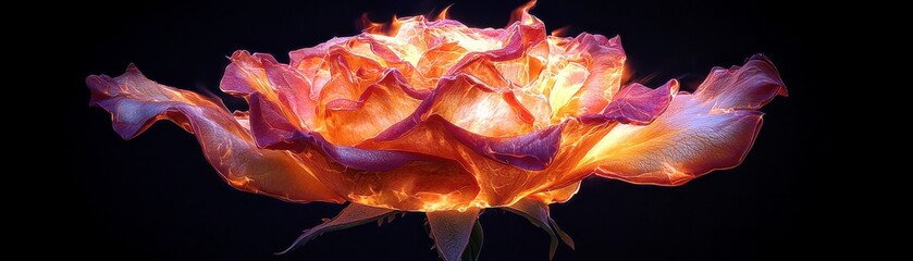 Poster - Radiant Flower with Fiery Glow Illuminated Against a Dark Background, Capturing the Beauty and Essence of Nature's Wonders in a Stunning Visual Display
