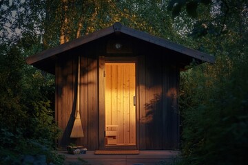 Poster - Traditional wooden sauna nestled among trees creates a serene outdoor retreat for relaxation. Generative AI