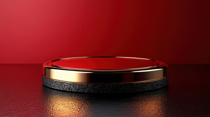 A glossy red display pedestal with a metallic border, ideal for showcasing items.