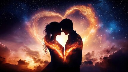  Silhouetted Couple in Romantic Embrace Against a Cosmic Heart Shaped Nebula in a Vibrant Starry Sky with Glowing Elements and Deep Colors