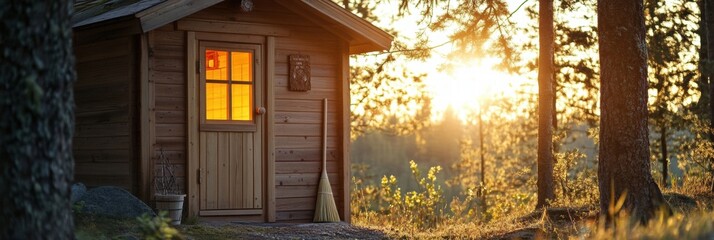 Poster - Traditional wooden sauna nestled among trees at sunset in a tranquil forest setting. Generative AI