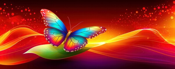 Poster - Vibrant Colorful Butterfly on Leaf Against Dark Background with Flowing Waves and Bokeh Effect in a Stunning Abstract Composition