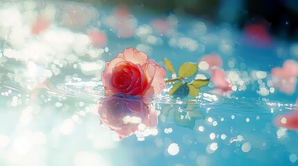 Poster - Beauty of a Single Pink Rose Floating on a Blue Water Surface with Sparkling Bokeh Effect and Raindrops, Symbolizing Love and Serenity in Nature