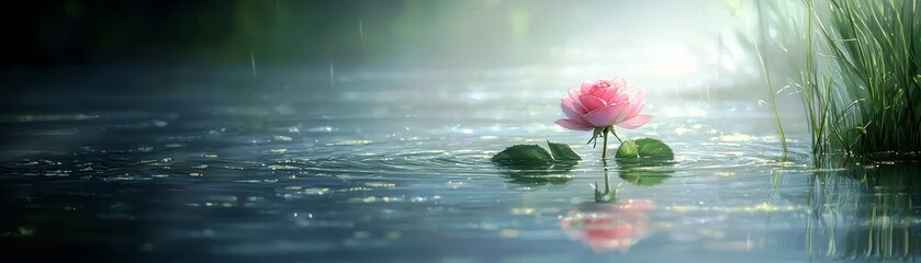 Poster - Serene Pink Lotus Flower Blossoming in Tranquil Water with Gentle Raindrops and Lush Greenery Under Soft Morning Light