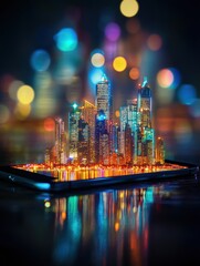 Leinwandbilder - Tiny cityscape emerges from glowing smartphone screen at night with vibrant lights reflecting on water surface. Generative AI