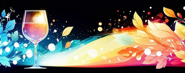 Poster - Colorful abstract design featuring a glass of wine surrounded by vibrant leaves and artistic elements against a dark background
