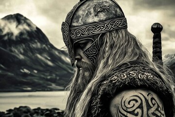 A heroic Viking warrior stands tall with mountains in the backdrop.