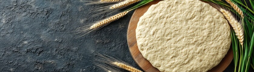 Canvas Print - Homemade wheat dough on wood, dark background, rustic. Recipe concept