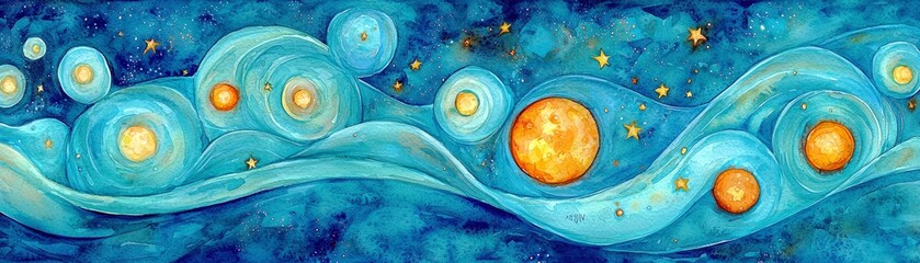 Poster - Colorful Abstract Illustration of Cosmic Waves and Celestial Bodies in a Stellar Night Sky with Bright Planets and Blue Tones for Creative Projects