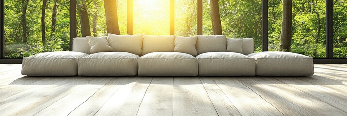 Wall Mural - Modern sectional sofa, forest view, sunlight, wood floor, peaceful home design