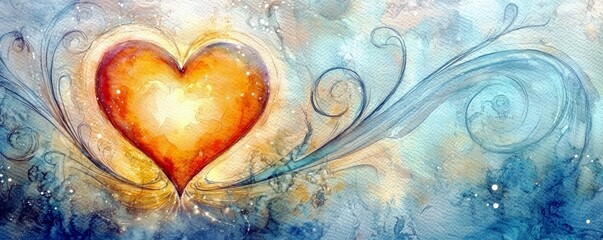 Poster - Radiant Heart Illustration with Swirling Patterns and Ethereal Light in Vibrant Colors for Romantic Themes, Love Concepts, and Art Decor