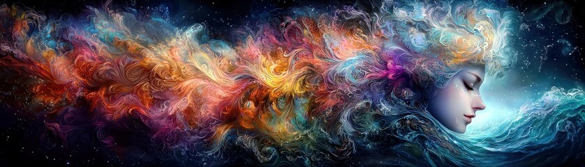 Poster - Ethereal Woman Surrounded by Colorful Swirls and Cosmic Elements Representing Imagination and Creativity in an Artistic Dreamlike Scene