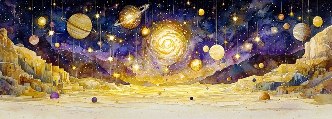 Poster - Vibrant Cosmic Landscape with Celestial Bodies in Starry Night Sky, Watercolor Art Representing Planets, Stars, and Galaxy in an Enchanting Desert Scene