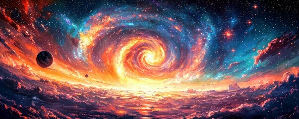 Poster - Stunning Galactic Spiral Nebula Over Colorful Clouds and Cosmic Background of Stars and Planets in a Vibrant Universe Scene