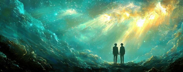 Poster - Two Silhouettes Gazing at Cosmic Landscape with Colorful Nebula and Starlit Sky in Artistic Digital Illustration