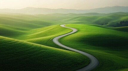 Poster - Serene winding road through lush green hills at sunrise