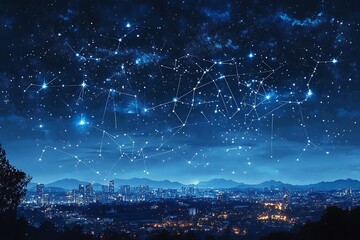 Poster - Night cityscape with constellation-like network above.