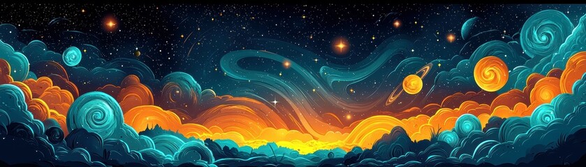 Poster - Colorful Cosmic Landscape with Vibrant Clouds, Stars, and Planets in a Dreamy Universe Setting at Dawn